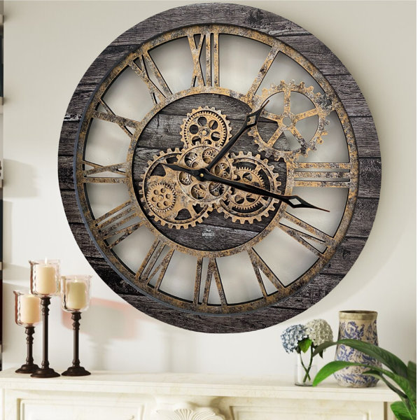Horloge Murale à Engrenages Mobiles En Bois Et Pierre - Style Industriel Vintage 91,4 Cm (36")